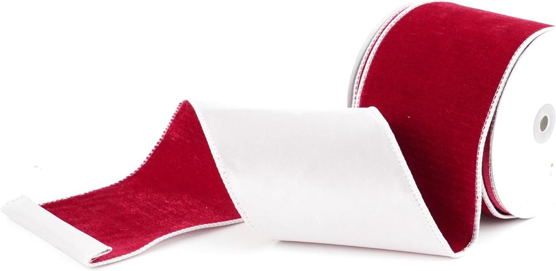 MAYREEL 4 Inch Two-Tone Red and White Reversible French Velvet Wired Edge Ribbon for Christmas Tree Gift Wrapping Double Faced Design 10 Yards