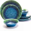 Melamine Dinnerware Set 12 PCS Teal Turquoise Tableware Plates Bowls Blue Green Dishwasher Safe Not Microware Not Oven