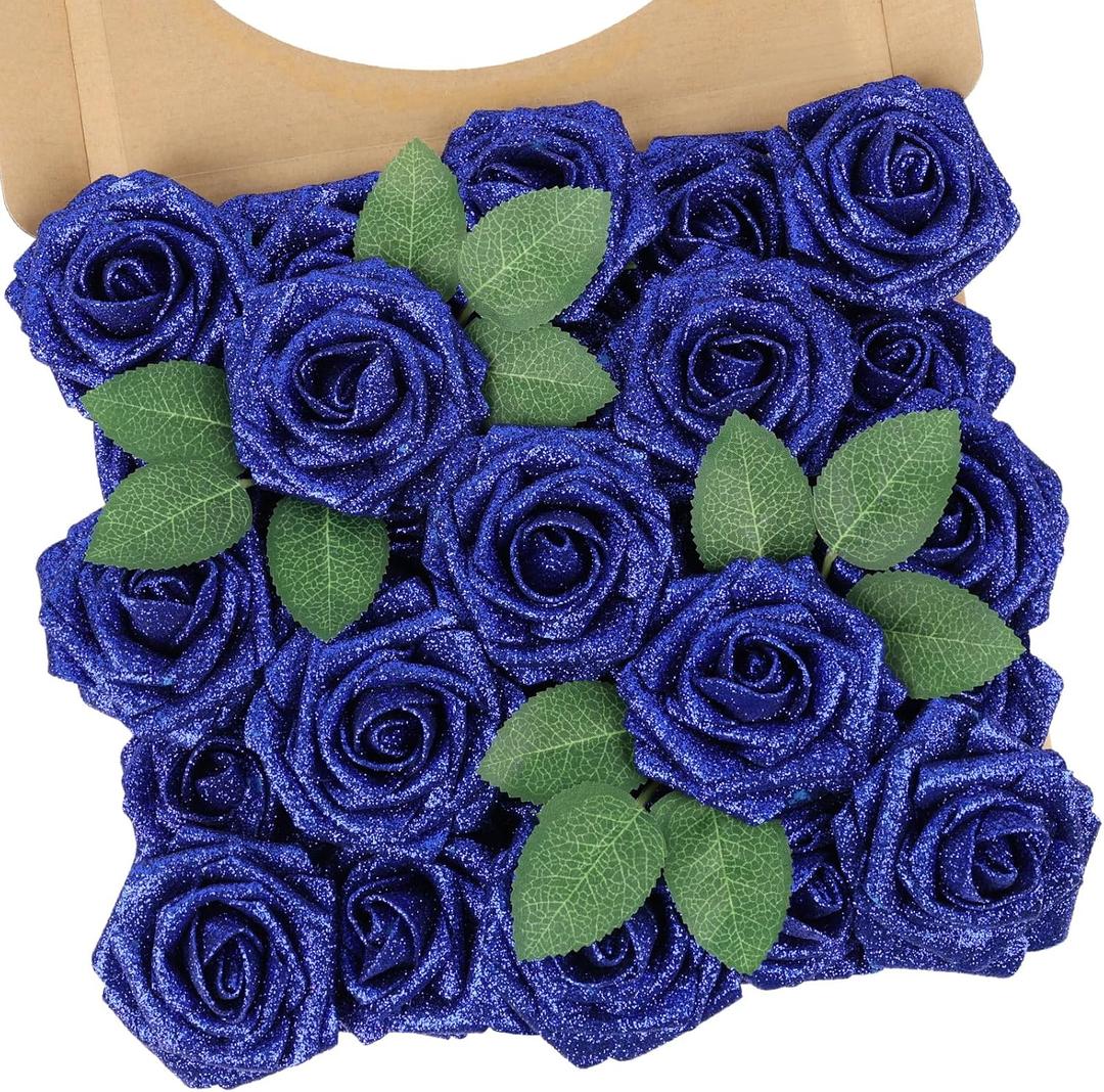 N&T NIETING Artificial Flowers Glowing Navy Blue Flowers Foam 25pcs Glitter Roses Real Looking Fake Roses with Stem for DIY Wedding Bouquets Centerpieces Bridal Shower Party Home Decorations