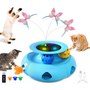 3in1 Interactive Cat Toys for Indoor Cats Rechargeable,Whack a Mole Cat Toy, Fluttering Butterfly, Track Balls, Automatic Kitten Toys Touch Activated, 2 Refill Feather (Blue)