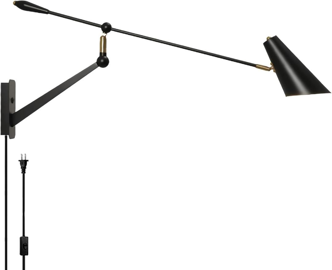 Adjustable Swing Arm Wall Sconce - 360 Rotation & Dual Power Modes (Plug-in/Hardwired), Vintage Industrial Wall Mounted Light with Matte Black Finish, E26 Bulb Compatible for Living Room & Bedroom