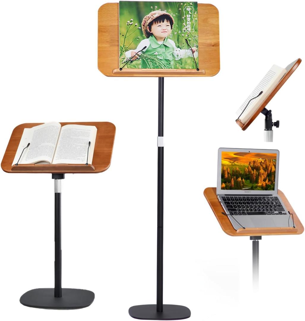 Adjustable to 67in Standing Book Stand, Book Holders for Reading Hands Free with Pedestal,Wood Music Sheet Podium& Bible& Cookbooks Display Stands