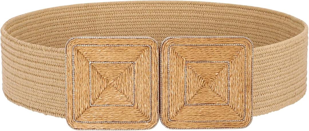 JASGOOD Straw Woven Elastic Belts for Women,Rattan Wide Stretch Belt for Dress Boho Wear Ladies Raffia Braided Square Belt (Fit Waist Size 31"-34", Khaki)
