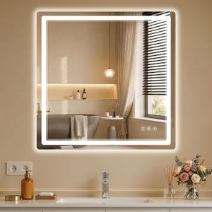 BEAUTYPEAK 30"x30" LED Bathroom Mirror with Lights, Backlit + Front Lit, Anti-Fog, Lighted Bathroom Mirror for Wall, HD Shatterproof Tempered Glass, Dimmable, Memory Function (Horizontal/Vertical)