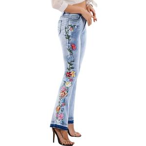 CHARTOU Womens Chic Floral Embroidered High-Rise Bell Bottom Flare Jeans Broad Feet Long Denim Pants (X-Large, Blue4)