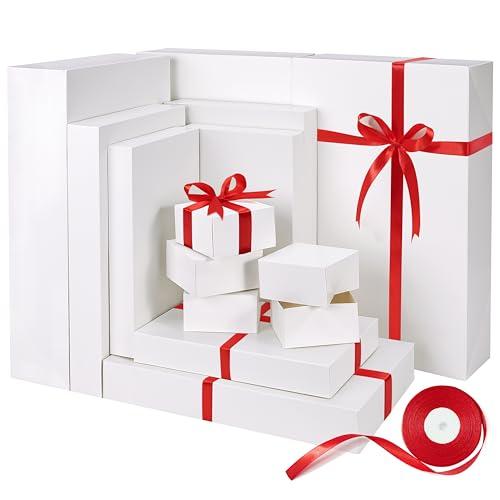 Bobobag 13 Pack White Gift Boxes with Lids for Presents, Assorted size Gift Boxes for Christmas ( 3 Extra large 17",3 Large 14.25",3 Medium 11",4 Small 4" ,Red Ribbon ), 4 inch Deep Box for Wrapping Robe Scarf Mug.