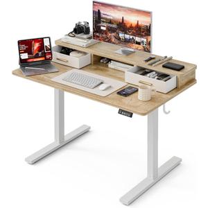 Grandder Electric Standing Desk with Two Drawers, Sit to Stand Up Height Adjustable Desk with Storage Shelf for Home Office, 47 * 24 Inch, Study, Ergonomic Adjustable Computer Desk, Oak
