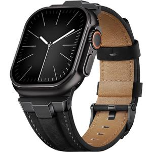 Suitisbest Leather Bands Compatible for Apple Watch Ultra Band 49mm 46mm 45mm 44mm 42mm, Genuine Leather Rugged Durable Matel Connector Replacement Strap for Women Men iWatch Ultra 10 9 8 7 6 5 4 3 SE (49mm 46mm 45mm 44mm 42mm(Series 3)