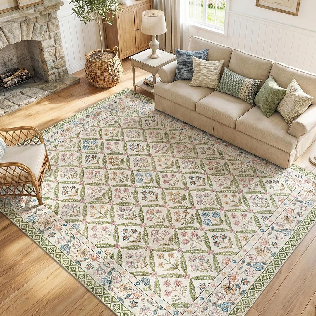 jinchan Haden 8x10 Large Area Rug for Living Room Vintage Floral Cottage Rug Soft Non-Slip Low Pile Washable Bedroom Dining Room Home Decor Girls Dorm Carpet 8' x 10' (Rectangular), Sage Green