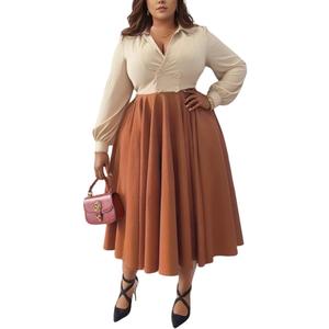 Women's Plus Size Maxi Dress Long Sleeves V Neck Button Down A Line Swing Dress, Beige Orange, 3XL
