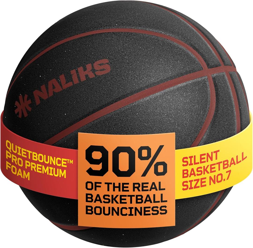 Silent Basketball Size 7, 29.5  Airless Indoor Basketball | Gift Box Included, Pro PU Foam Basket Ball, for Quiet Dribbling Indoor, Real Grooves, 90% Bounciness, 12.7 Oz (Black)