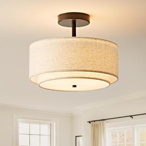 12.6'' Drum Semi Flush Mount Ceiling Light, 3-Light Fabric Linen Shade Design Farmhouse Black Light Fixture for Living Room, Bedroom, Kitchen, Dining Room, Entryway, Hallway