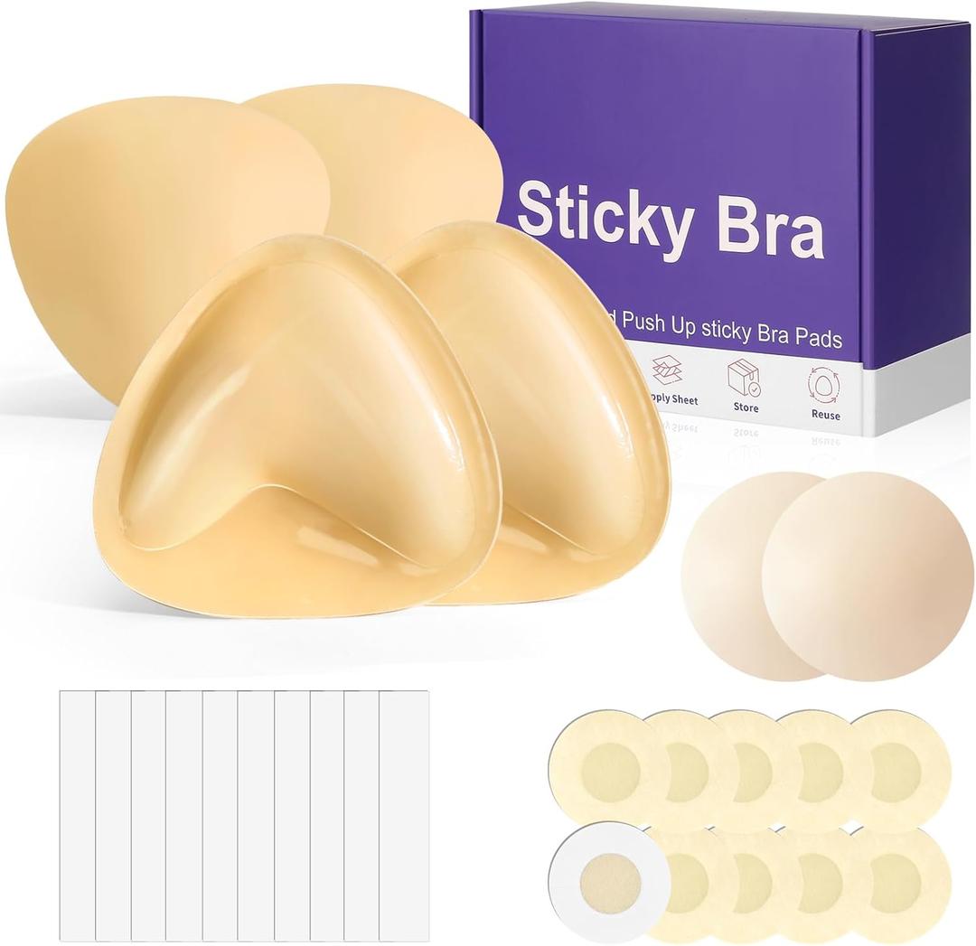 Sticky Bra Push Up Bra for Large Breasts - Double Sided Adhesive Bra, Waterproof for Swimwear (2 Pack, Nude)