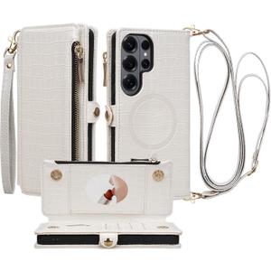 Crossbody Wallet Case for Samsung Galaxy S26 Ultra with Mirror, Wrist Strap, Zipper Purse Magnetic Flip, RFID Blocking Card Holder, PU Leather Shockproof Women (White)