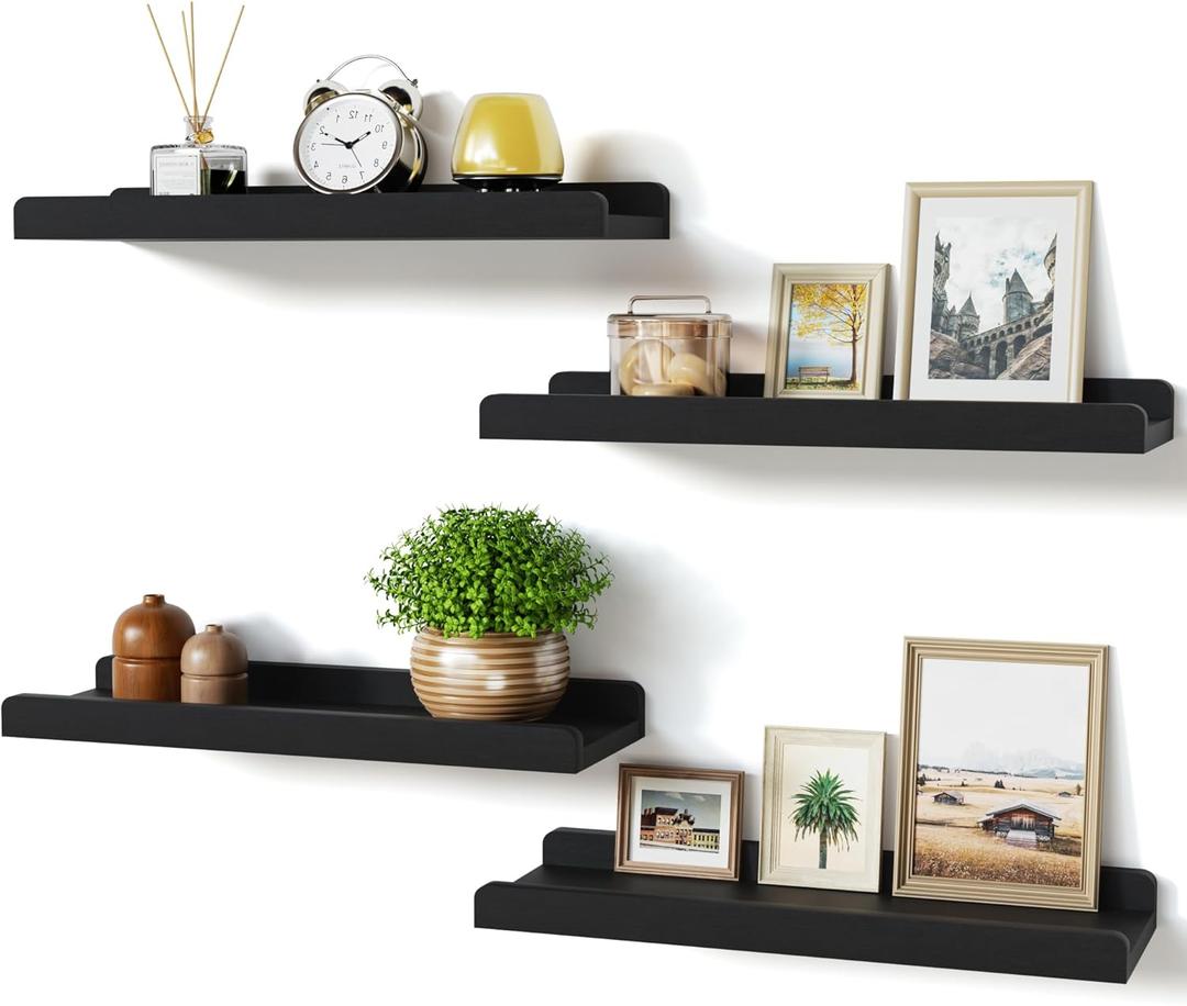 Love-KANKEI Black Floating Shelves for Wall Set of 4, Wood Wall Shelves with Lip,15.6 Inch Rustic Hanging Shelves for Bedroom Bathroom Living Room Kitchen Nursery Display