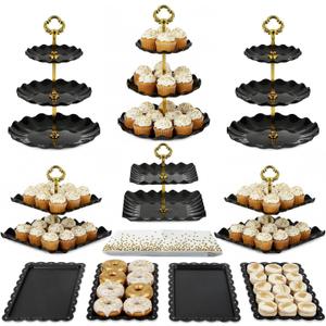 Pack of 10 NWK Cake Stand Set, with 3 x Two-Tier and 3 x Three-Tier Cupcake Stands, 4 x Appetizer Trays, 1 x Tablecloth for Birthday Bridal Baby Shower Party (Black)