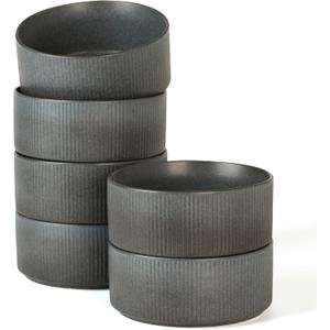 famiware Star Cereal Bowl Set, Soup Bowls Set of 6, Double Reactive Glaze, Stackable, 23 oz Deep Bowls Suitable for Popcorn, Oatmeal, Dessert - Dishwasher and Microwave Safe, Matte Dark Charcoal