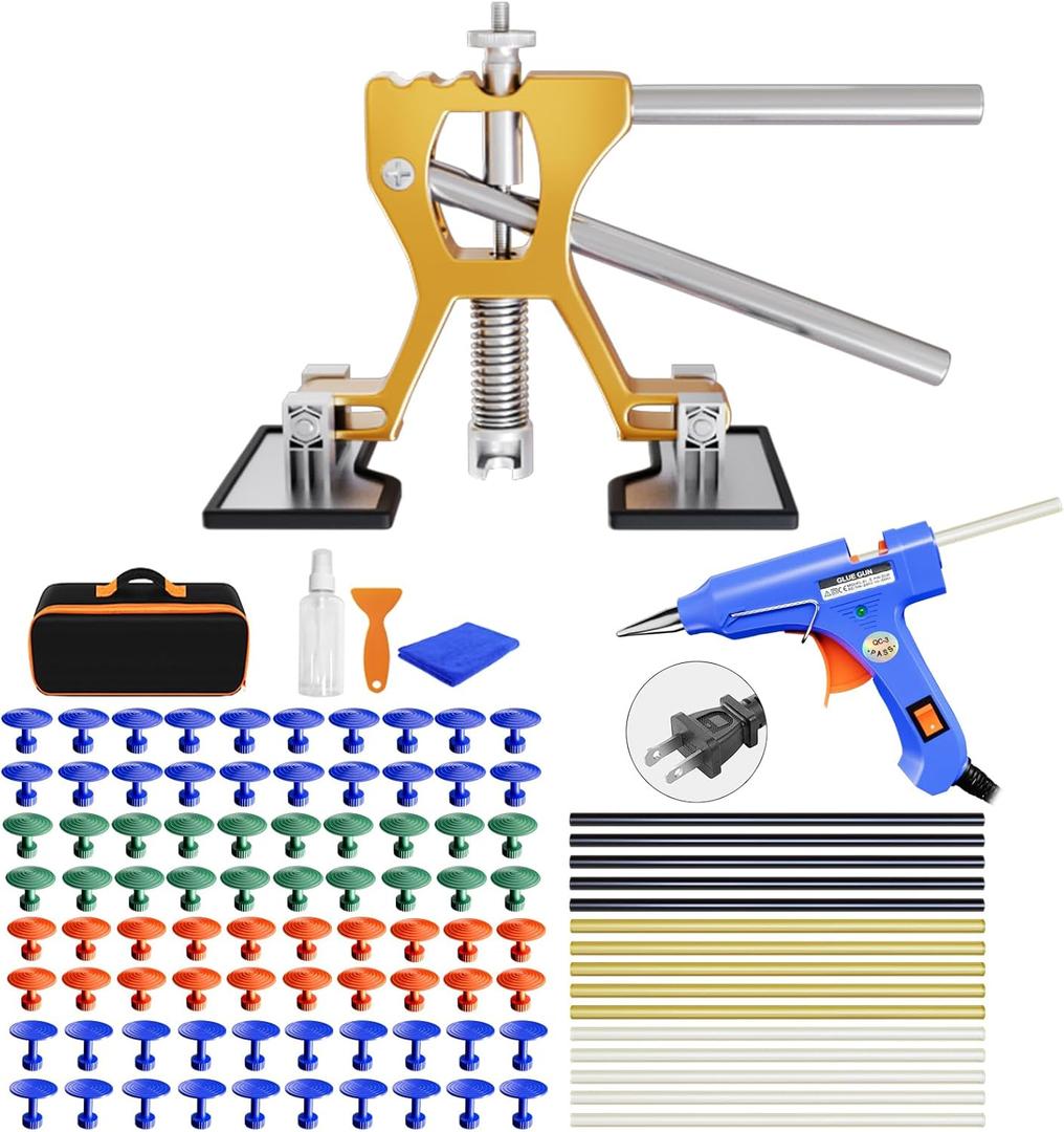 YD0B3 Auto Dent Puller Kit Golden Lifter & Glue Gun, with 80PCS Tabs for Small Ding Hail Dent Removal, Adjustable Width Dent Remover Tools for Automobile Body Motorcycle Refrigerator
