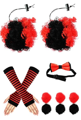 Halloween Clown Costume Accessories Set Gloves Balloons Clown Red Black Hair Clip on Puff Buns Pompoms Face Stickers Halloween Party Cosplay Women Adults