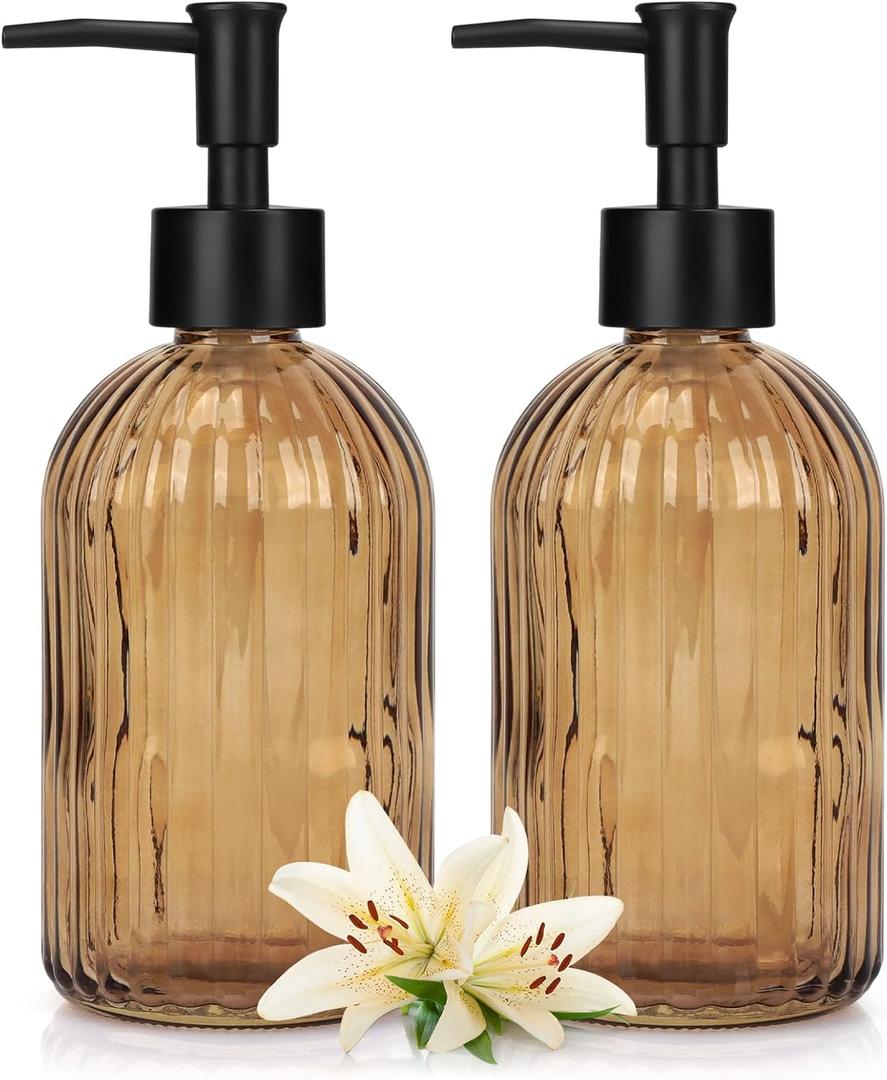 Glass Soap Dispenser with Plastic Pump, Hand Soap Dispenser for Hand Wash, Lotion Dispenser for Dishwashing Liquid, Lotion Shower Gel (Striped Brown)