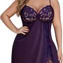 Avidlove Plus Size Lingerie For Women Sexy Satin Nightgown Lace Babydoll Side Slit Strappy Chemise Nightwear (Deep Purple, size 16)