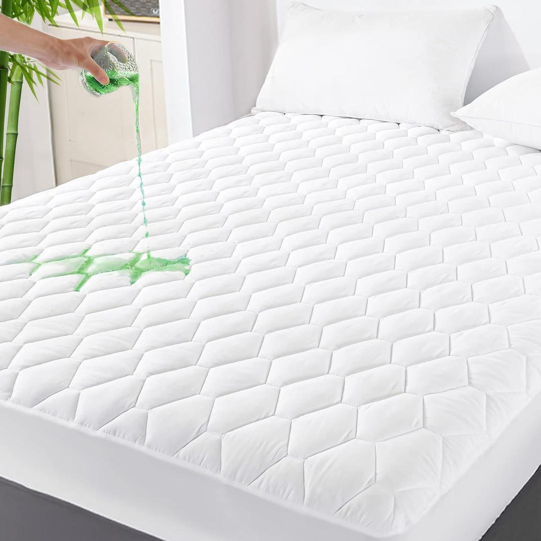 GRT Full Mattress Protector Waterproof, Rayon from Bamboo, Cooling Quilted Fitted Mattress Pad, Noiseless Waterproof Mattress Cover, fits up to 18" Deep, Dust Proof White