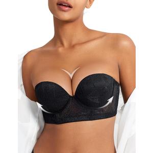 Strapless Push Up Bra for Women Padded Underwire Support Convertible Lace Longline Bombshell Bras (36C, Black)