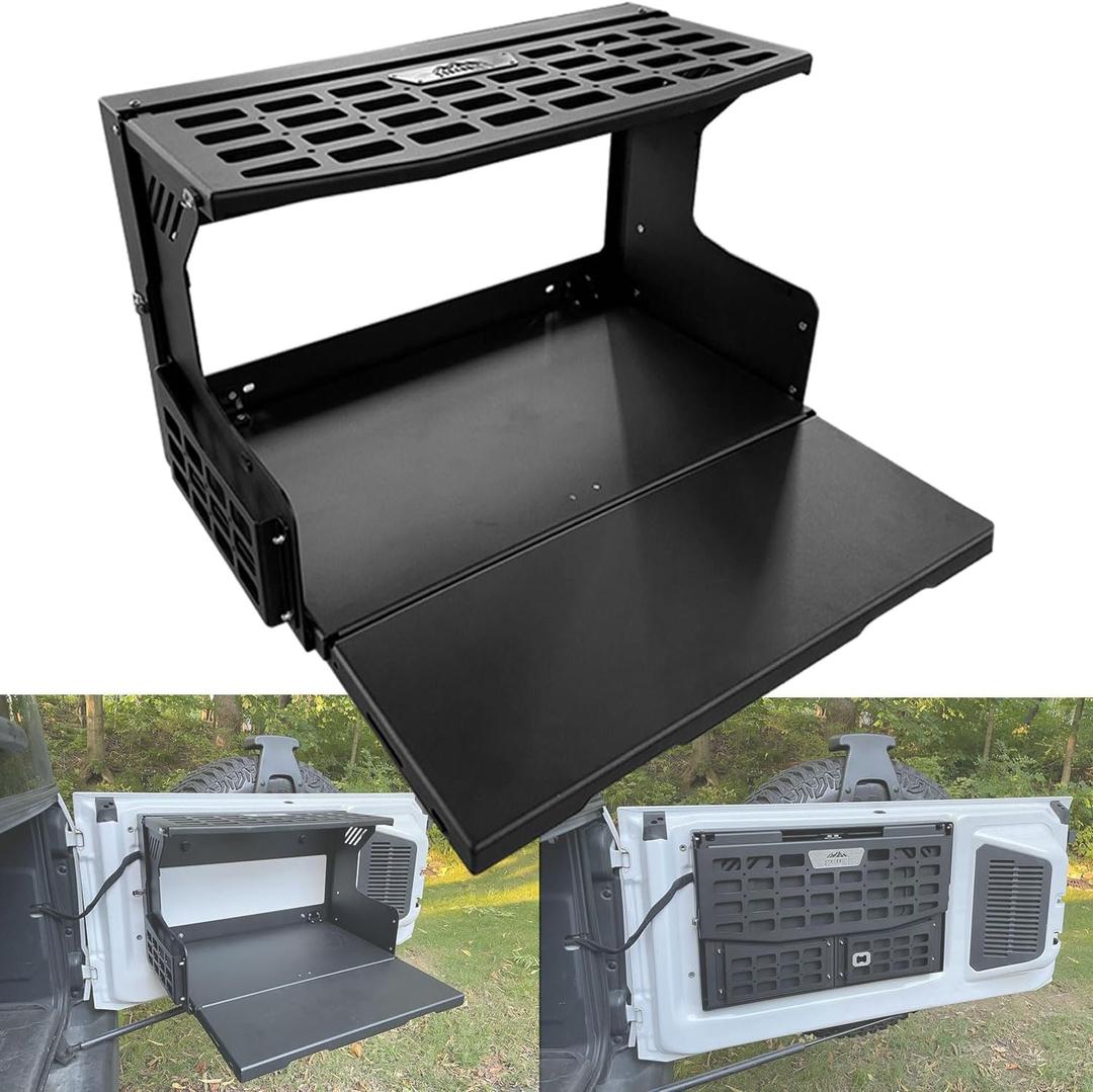 Aluminum Tailgate Table for 2021-2026 Ford Bronco 2/4 Door, No-Drill Foldable Rear Door Molle Panel Table & Cargo Shelf, Rust-Proof Lightweight Storage Rack, Fits Base/Big Bend/Badlands