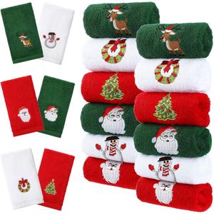Macarrie 12 Pcs Christmas Hand Towels for Bathroom Kitchen Cotton Holiday Tea Towels Absorbent Red Green White Xmas Gifts Winter Decor, 13 x 18 Inch(Bright Color, Fresh Style)