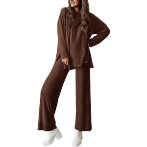 PRETTYGARDEN Women's Two Piece Lounge Sets Matching Long Sleeve Shirts Wide Leg Pants Tracksuits Travel Outfits Fall Clothes (Medium, Light Coffee)