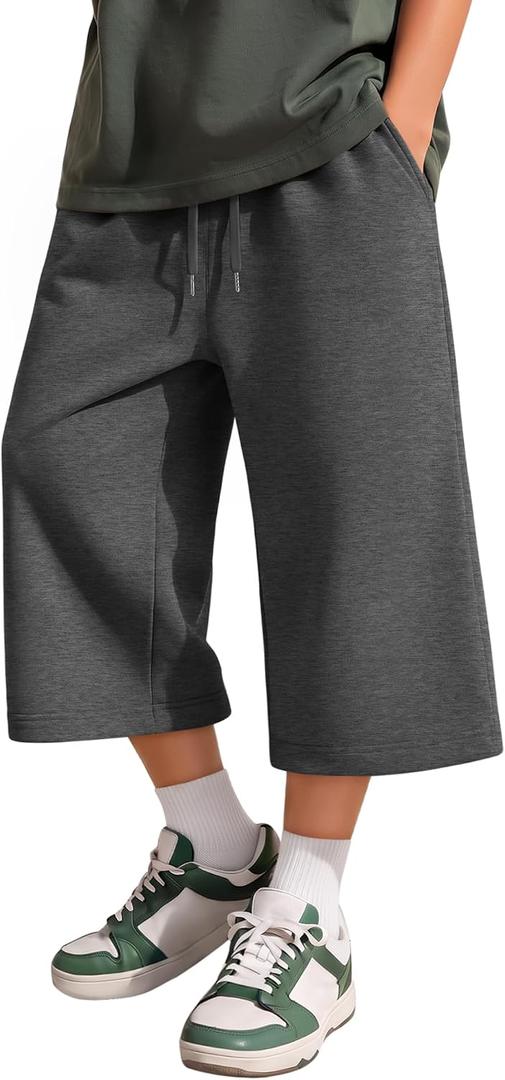 Boys Capris Cropped Athletic Sweatpants | Soft Breathable Fabric, Capri 3/4 Length, Wide Leg, Loose Fit, Side Pockets, Casual, Summer, School, Ages 5-14