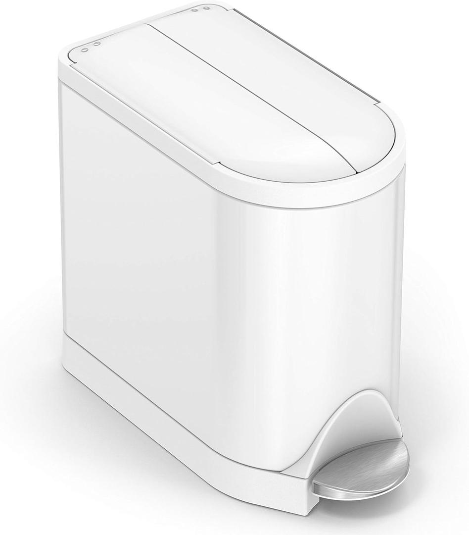 simplehuman 10 Liter / 2.6 Gallon Butterfly Lid Bathroom Step Trash Can, White Steel