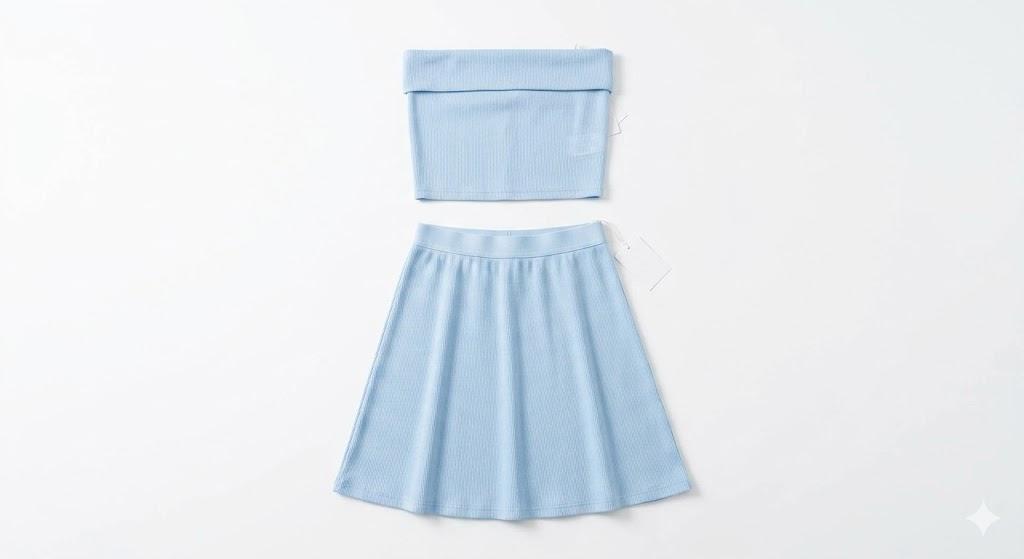 Women's 2-Piece Ribbed Knit Outfit – Strapless Fold-Over Tube Top and High-Waisted Mini Skirt Set, S
