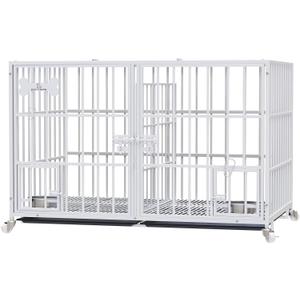 Dosker 42 inch Heavy Duty Metal Dog Crate Cage with Divider for 2 Dogs/Large Dog,All Metal Open Top Escape Proof Cage,Kennel Indoor with Wheels,2 Tray,Feeding Bowl(White)