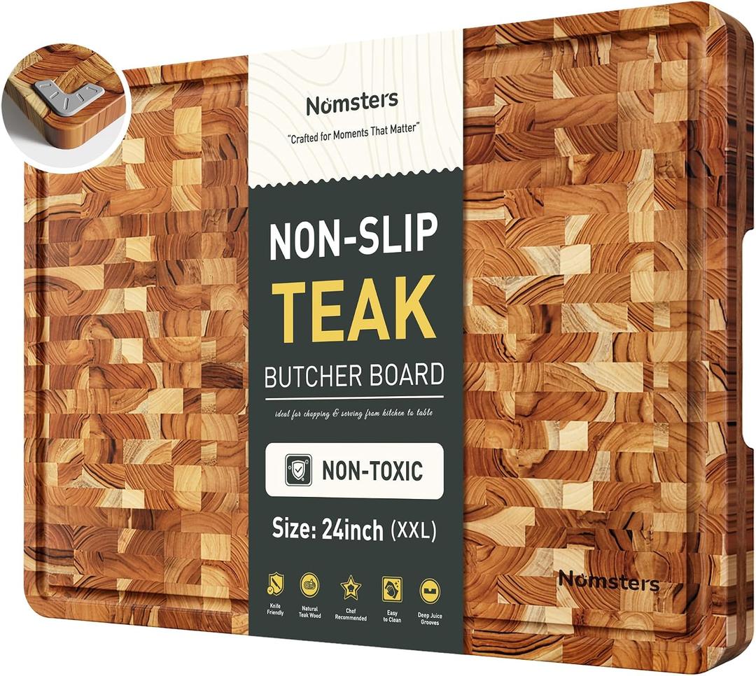 Teak Wood Extra Large End Grain Cutting Board for Kitchen with Non-slip Feet, Heavy Duty Checkered Cutting Board with Juice Groove & Handle Handcrafted Luxury Chopping Board for Meat, Vegetables, 24"L x 18"W