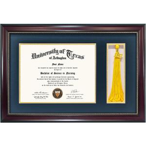 GraduationMall 11x17 Mahogany Diploma Frame with Tassel Holder for 8.5x11 Certificate Document,Real Glass, Navy Blue over Gold Mat