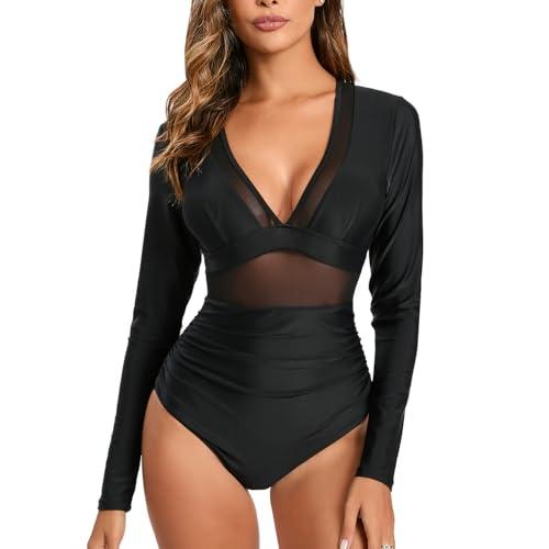 NESY Women's Long Sleeve Rash Guard Swimsuits One Piece Bathing Suit UV Protection Surfing Suit Zipper Printed Swimwear, M