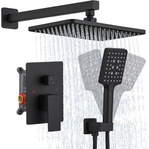 Homevacious Black Rainfall Bathroom Shower System 3 Function Shower Head and Handle Set Square Wall Mounted Solid Brass Pressure Balancing Shower Fixtures Shower Faucet With Shower Valve (11 Inch-2Functions)
