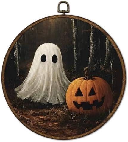 Cvjutf Vintage Ghost Halloween Wall Art Framed, Ghost Bathroom Decor, Gothic Dark Academia Fall Round Wall Decor, Witchy Halloween Pumpkin Canvas Prints Art for Bedroom Bathroom Living Room, 10x10 In