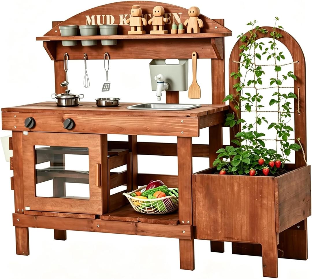 Kids Outdoor Mud Kitchen with Plant Growing Kit, Wooden Play Kitchen with Water Sink, 45