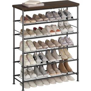 Shoe Rack Organizer 6 Tier for Closet Entryway Free Standing Metal Storage Shoe Shelf with MDF Top BoardBlack (Black+rustic Brown)