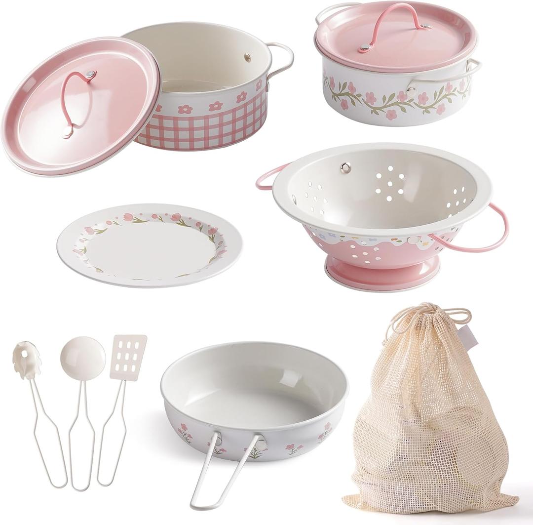 ROBOTIME Play Pots and Pans Toys for Kids  9 PCS Play Kitchen Accessories Set with Metal Cookware, Cooking Utensils & Storage Bag  Toy Pots and Pans for Toddlers Boys Girls Age 3+ (Pink)