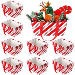 Pinkunn 48 Pcs Christmas Basket for Gifts Empty Bulk, Holiday Gift Empty Baskets with Handle, Reusable Kraft Market Cardboard Tray for Xmas Present Wrapping (Candy Stripe, 12.6 x 9.8 x 5.9 In)