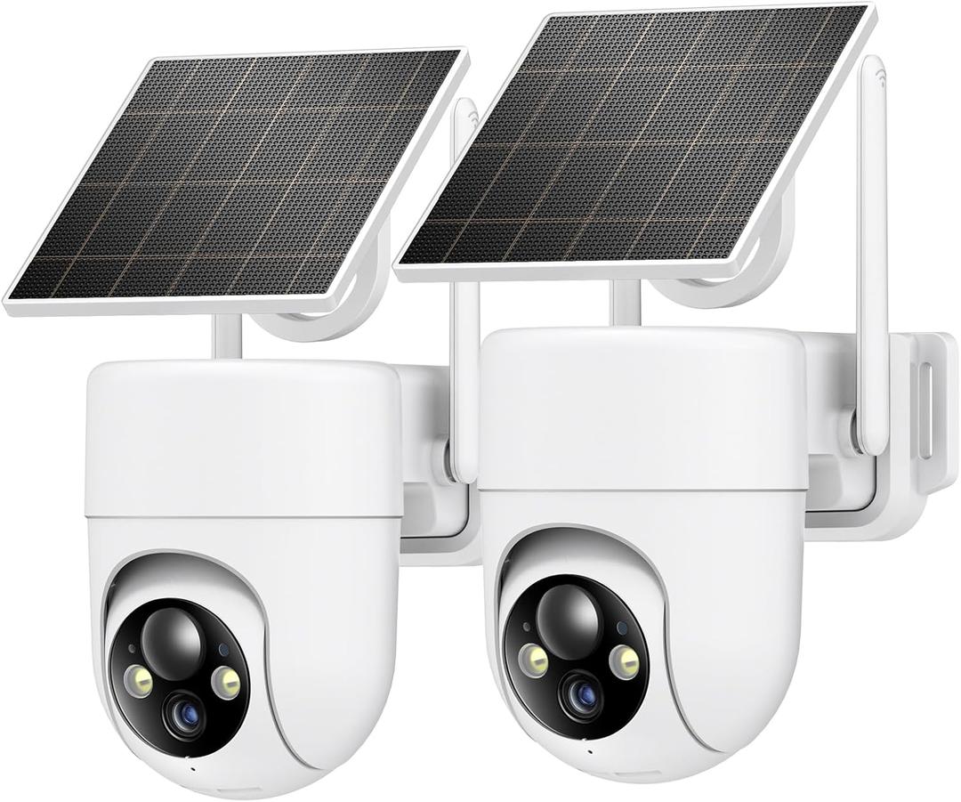 2K Solar Security Cameras Wireless Outdoor, 2PCS Outdoor Camera Wireless with 360 View, Cameras for Home Security with Color Night Vision/2-Way Audio, 2.4GHz Wi-Fi Only (White)