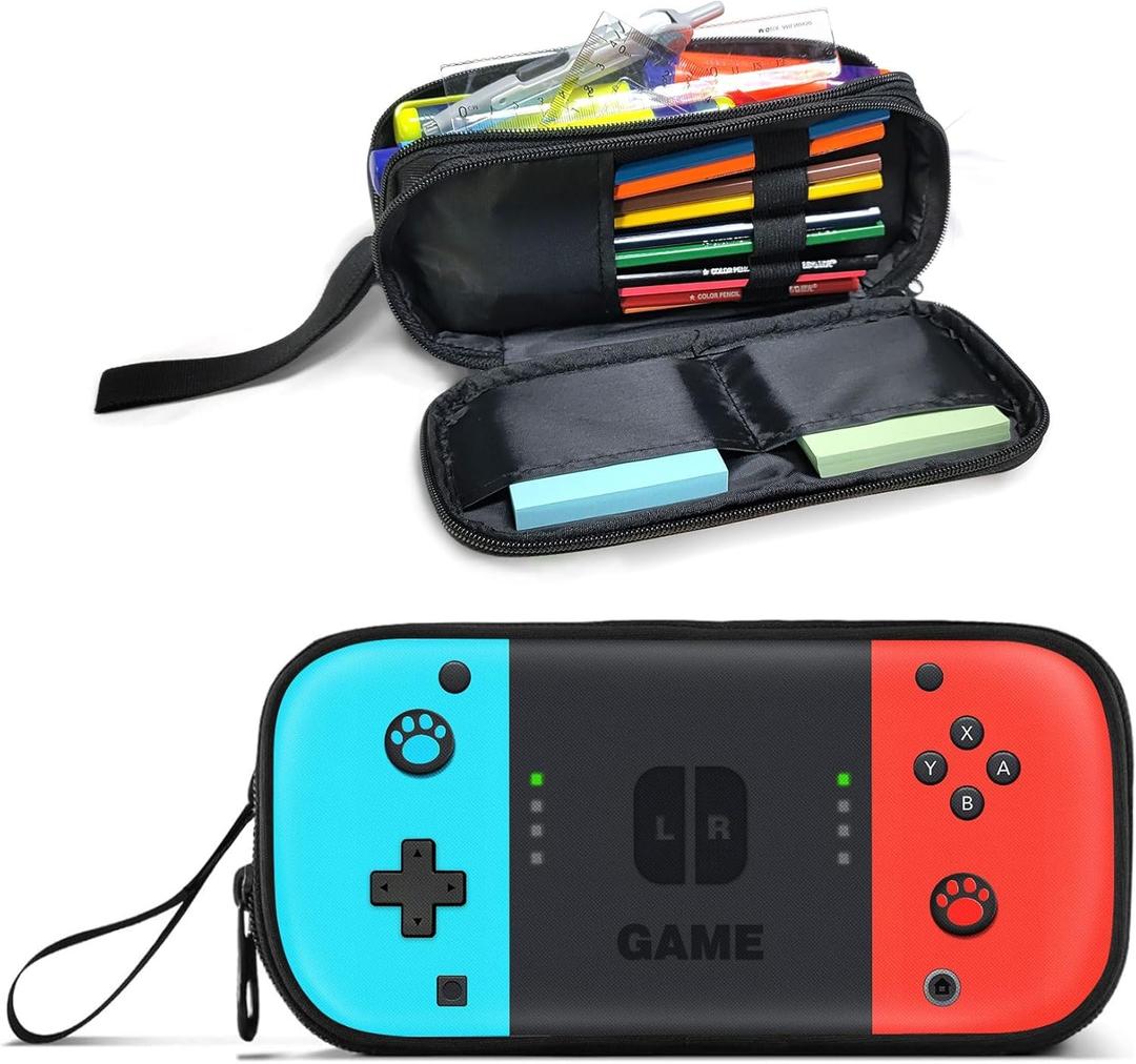 Gamer Pencil Case for Boys, Large Boys Pencil Pouch for Kids Teens School, Big Capacity Pen Box Pen Bag Organizer with 2 Compartments & Zipper (Game-Red & Blue)