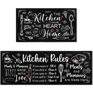 Bencailor 2 Pcs Farmhouse Kitchen Rugs and Mats Set Non Slip Kitchen Rugs Washable Black Brown Door Mats for Floor Home Bathroom Cabin Decorative, 29 x 17 in and 47 x 17 in(Tableware Pattern)