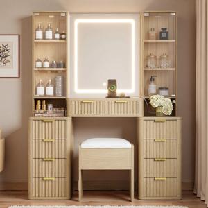 43.5" Fluted Makeup Vanity Desk, Large Glass Top Vanity Table with Mirror & Lights, 10 Drawers, 2 Transparent Glass Cabinets, Dressing Table Set with Stool and Charging Station, Brown