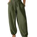 Bsubseach Womens Cotton Harem Pants Elastic Waist Baggy Pant Drawstring Balloon Trouser Loose Beach Pants with Pockets Army Green 2XL