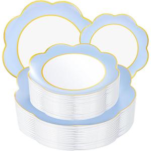 WONDERFUL 60pcs Blue Plastic Plates for Party with Gold Rim - Blue Fancy Plastic Plates Disposable Party Plate for Birthday/Wedding/High-End Banquet/Mothers Day Suitable for 30 Guests