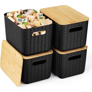 Ohmlove 4 Packs Storage Bins with Bamboo Lids - Plastic Storage Containers with Lids Stackable Storage Box: Storages Baskets for Organizing Desktop Closet Playroom Classroom Office, Black